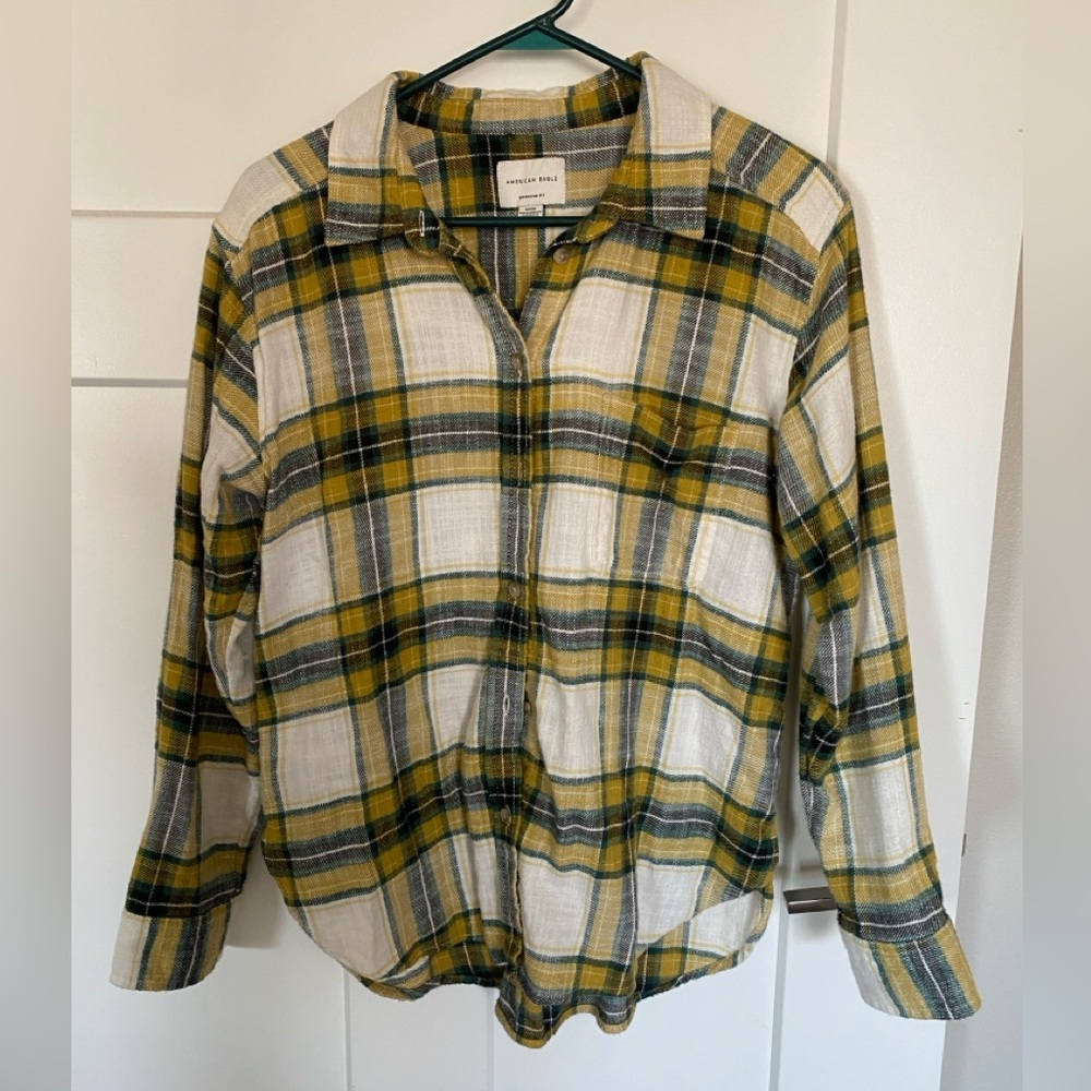 American Eagle Yellow and Green Plaid Shirt